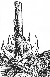 Die zum Tod durch Verbrennen verurteilten Hexen und Zauberer wurden an den Brandpfahl angekettet. Holzschnitt, 1517
